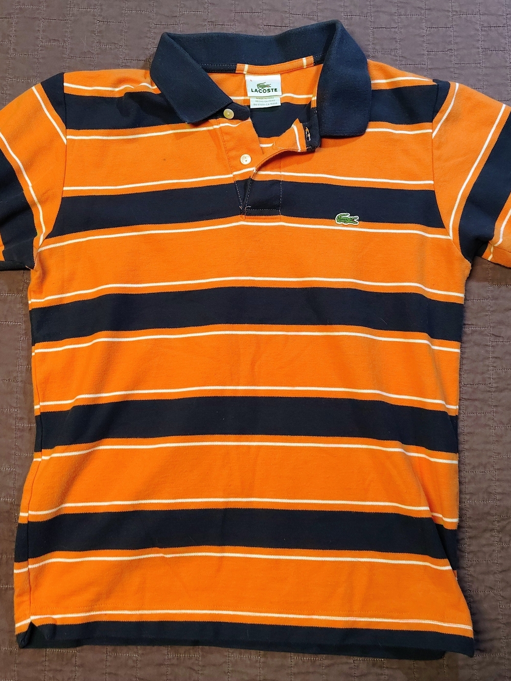 Lacoste Mens Size 5 L Striped Polo Shirt Orange Navy Blue Short Sleeve Cotton